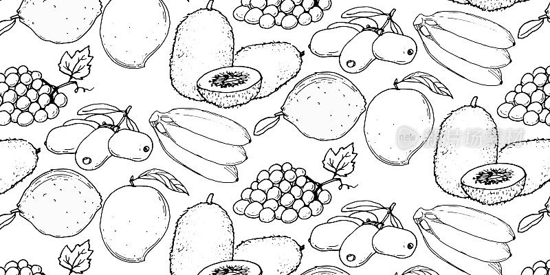 矢量手绘水果图标集。装饰复古风格收藏餐厅农家产品菜单、市集标签。