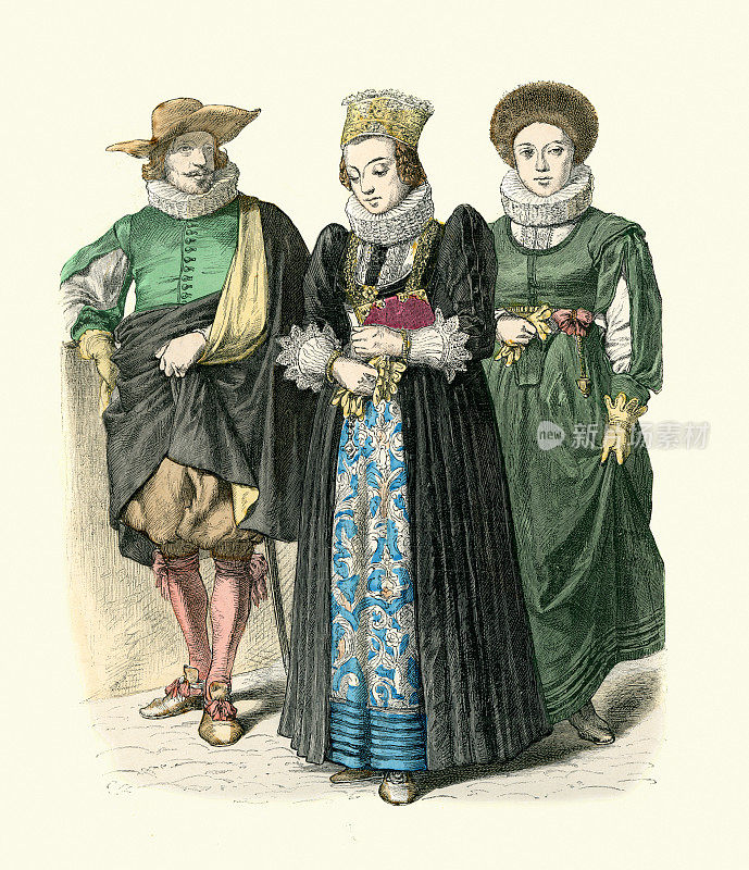 瑞士传统服装，17世纪时尚，瑞士男人，新娘和女人
