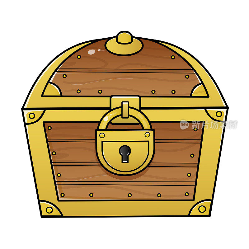彩色图像的卡通宝箱在一个白色的背景。带锁的封闭式保险箱。儿童海盗派对的装饰元素。矢量插图。