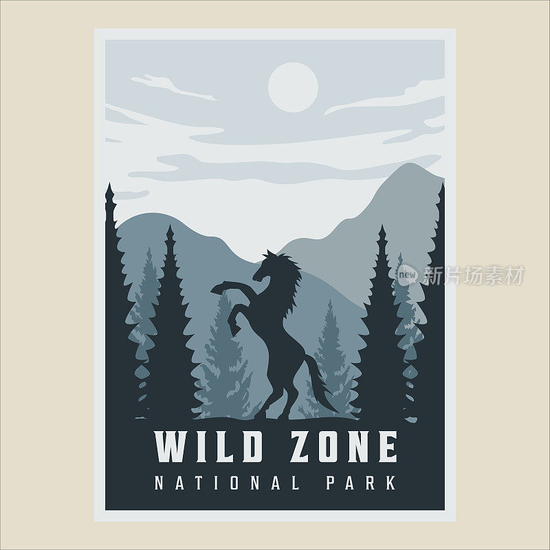 马在大自然野生动物极简复古海报插图模板平面设计。国家公园的动物在森林和山在夜间的概念