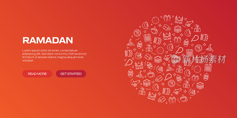 斋月网络横幅与线性图标,时髦的线性风格矢量