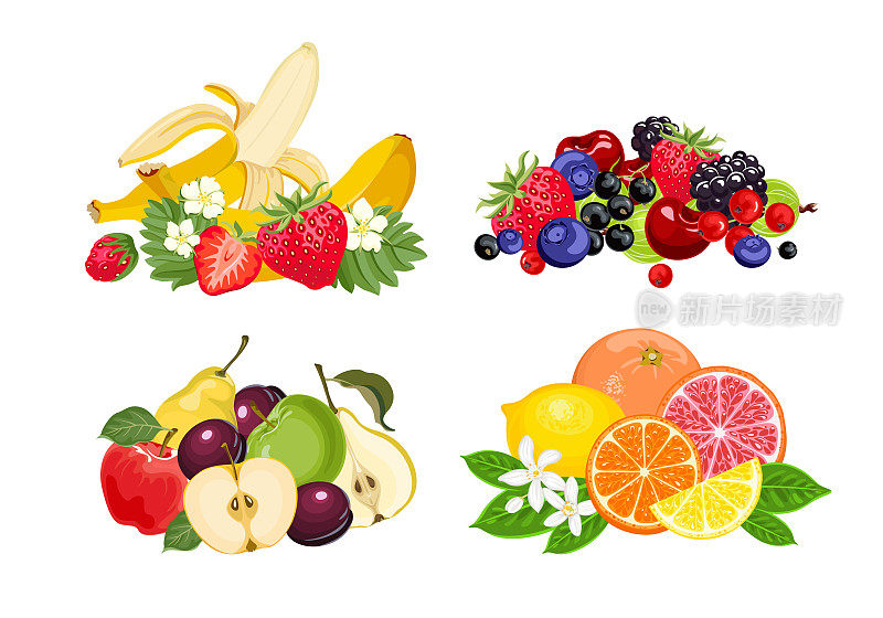 水果，浆果和柑橘套装。成堆的新鲜食物。向量卡通插图。
