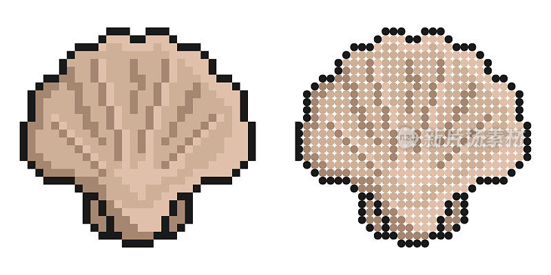 像素图标。封闭的海壳。扇贝、食用贝类及海鲜。简单的复古游戏矢量孤立在白色背景上