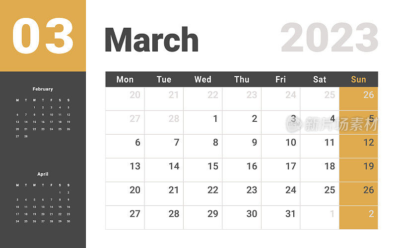 2023年3月月历模板。矢量布局简单日历与周开始星期一。