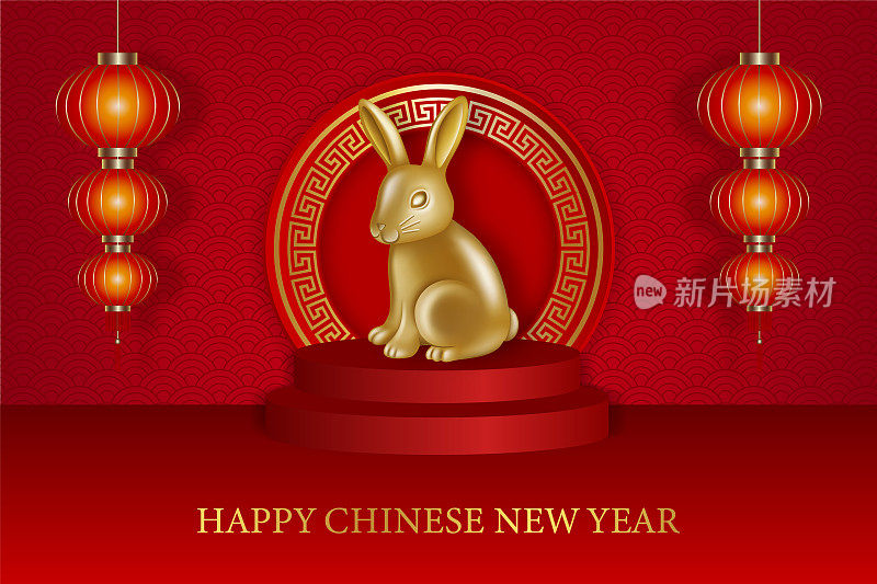 中国新年的背景是金兔子在红色的讲台和红色的灯笼