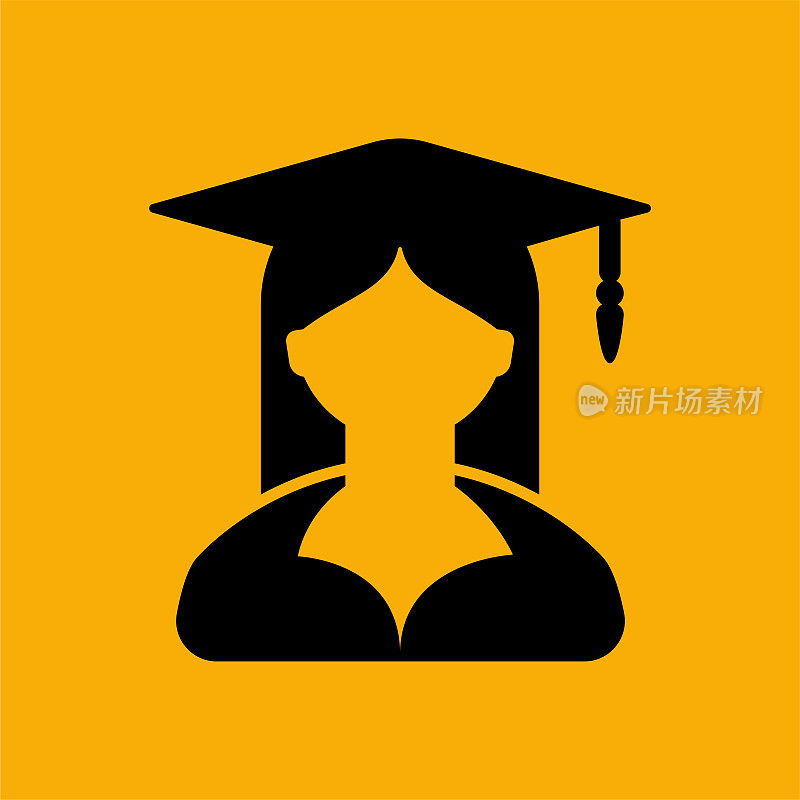 女学生图标与毕业帽在黄色背景。