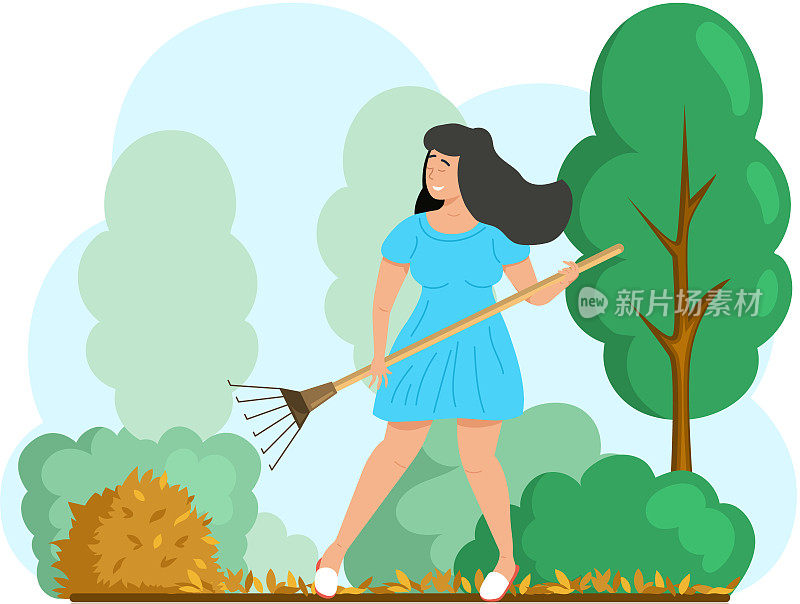 快乐的女人在做园艺工作，除去黄叶，在院子里干活。秋天的农工