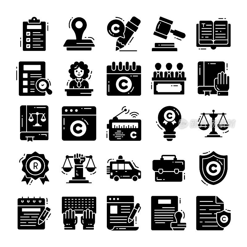 版权监管图标、法律与法律监管、法律合规交易保护文件和治理说明