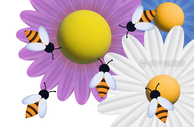 一群蜜蜂3d。在花园或有花的田野里驱赶昆虫，在蜂房里采集花蜜。植物授粉，概念主动联合劳动。野生动物中的蜜蜂。三维向量。