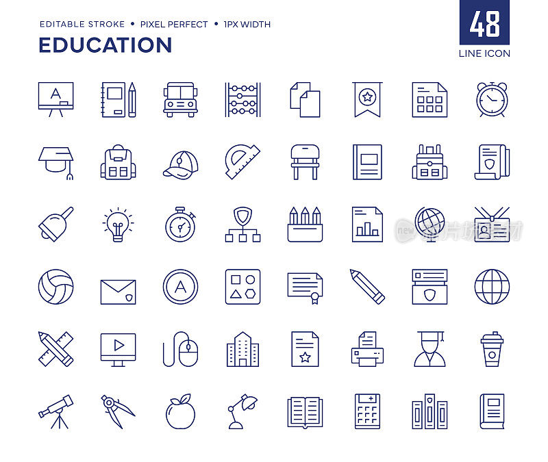教育线图标集包含白板，笔记本，校车，双肩包，学士学位帽，学生，学校大楼等图标。