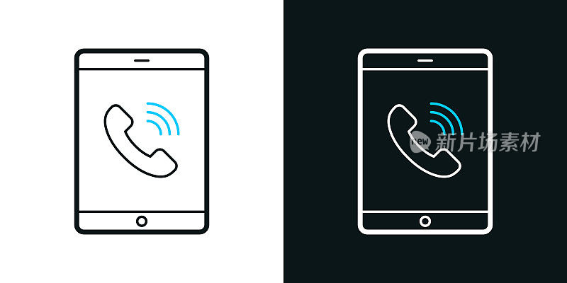 平板电脑与来电。黑色或白色背景上的双色线图标-可编辑的笔画