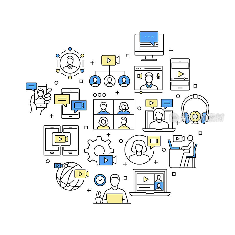 在线会议相关矢量横幅设计概念，现代线条风格与图标