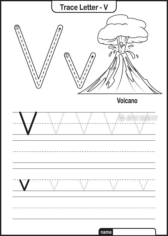 字母痕迹字母A到Z学龄前工作表与字母V火山亲矢量