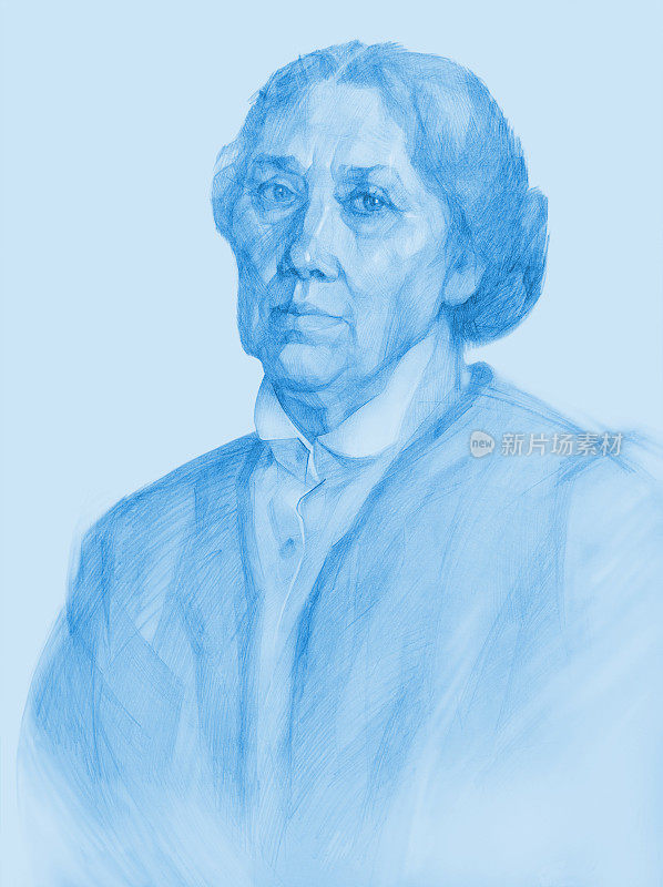 插图铅笔画在蓝色肖像老年妇女在白色衬衫与衣领和羊毛针织夹克