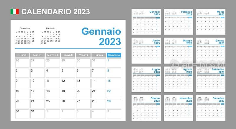 2023年的意大利日历。一周从星期一开始。简单的矢量模板。商业设计规划师。
