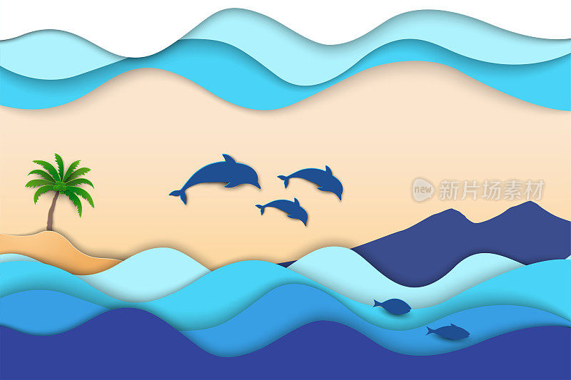 世界海洋日概念，海豚一家在蔚蓝的大海上快乐