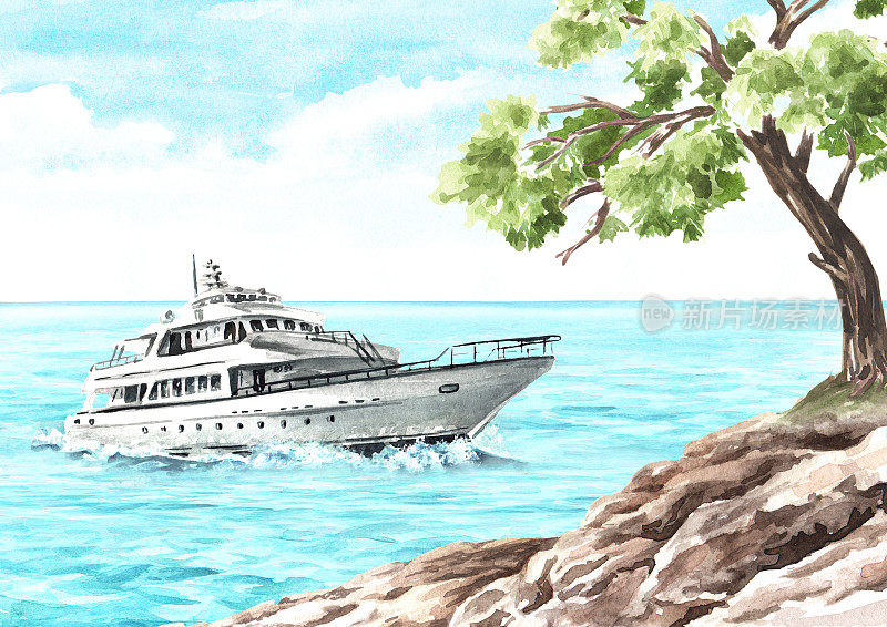 海上的小船，游艇在海边悬崖的波浪上。手绘水彩插图