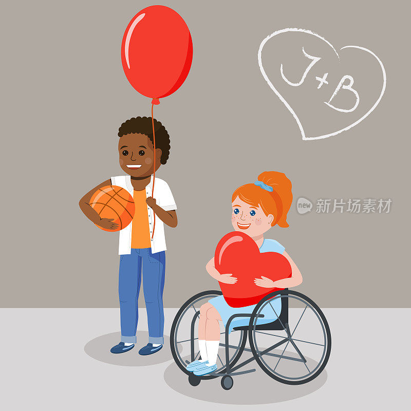 幸福和恋爱的学生一个坐轮椅的女孩和一个非洲男孩。