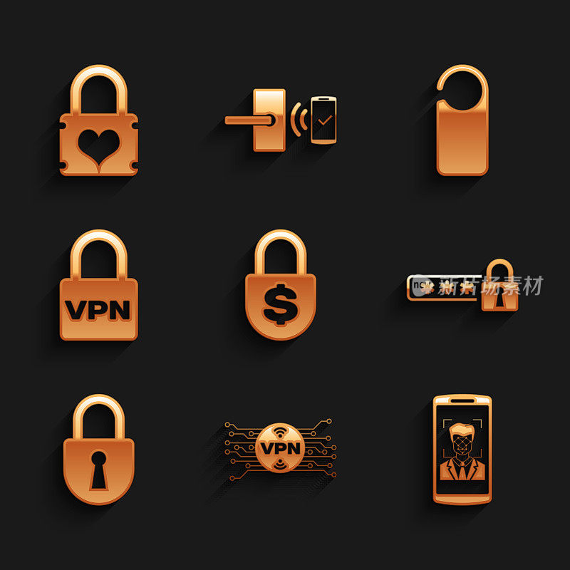 设有金钱锁，微芯片电路VPN，手机和人脸识别，密码保护，锁和图标。向量