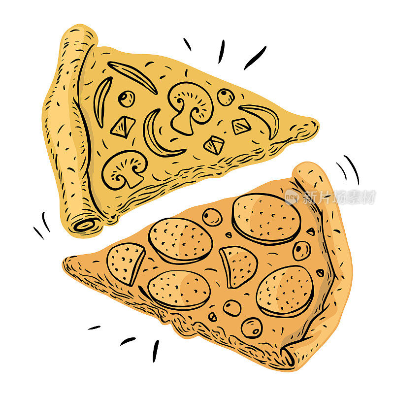 意大利辣香肠和蔬菜披萨片素描