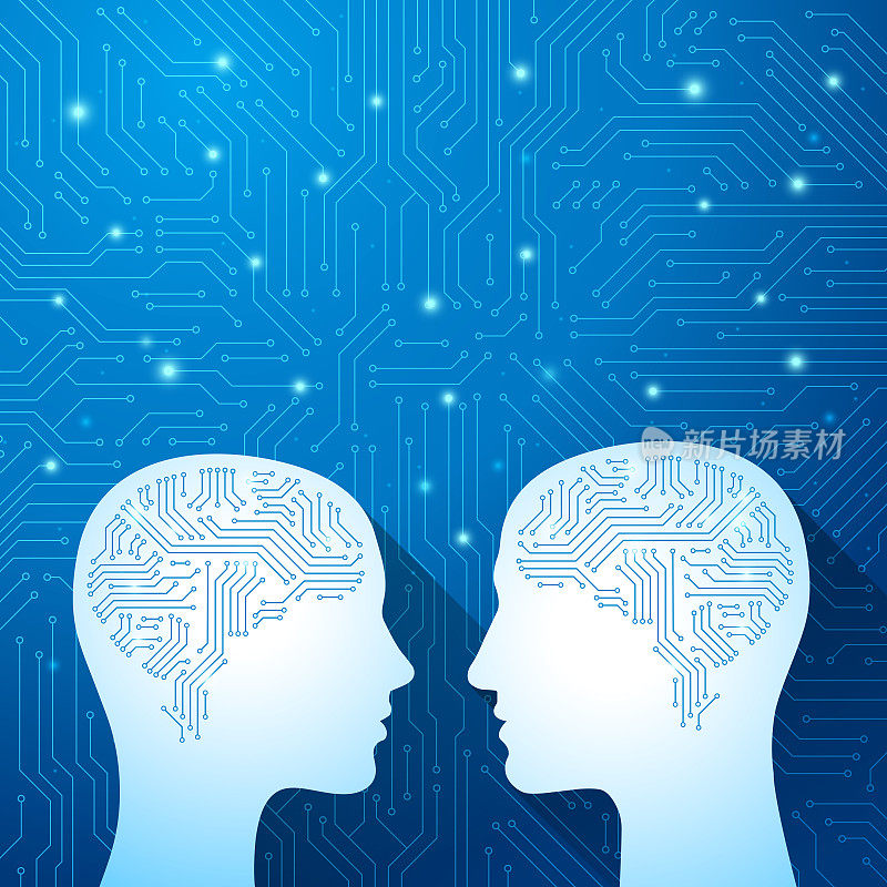 一个男人和一个女人的头部有电路板的大脑。人工智能技术概念