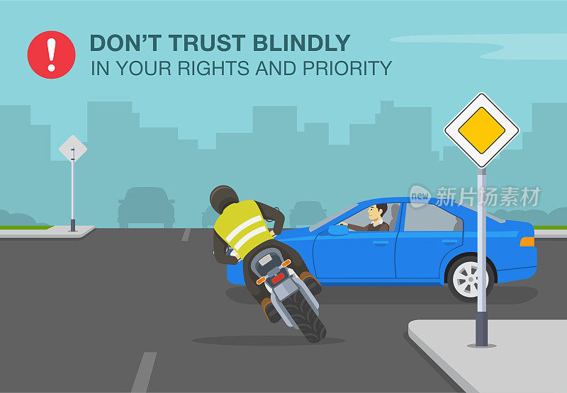 涉及一辆汽车和一辆摩托车的交通事故。不要盲目相信你的权利和优先警告海报设计。