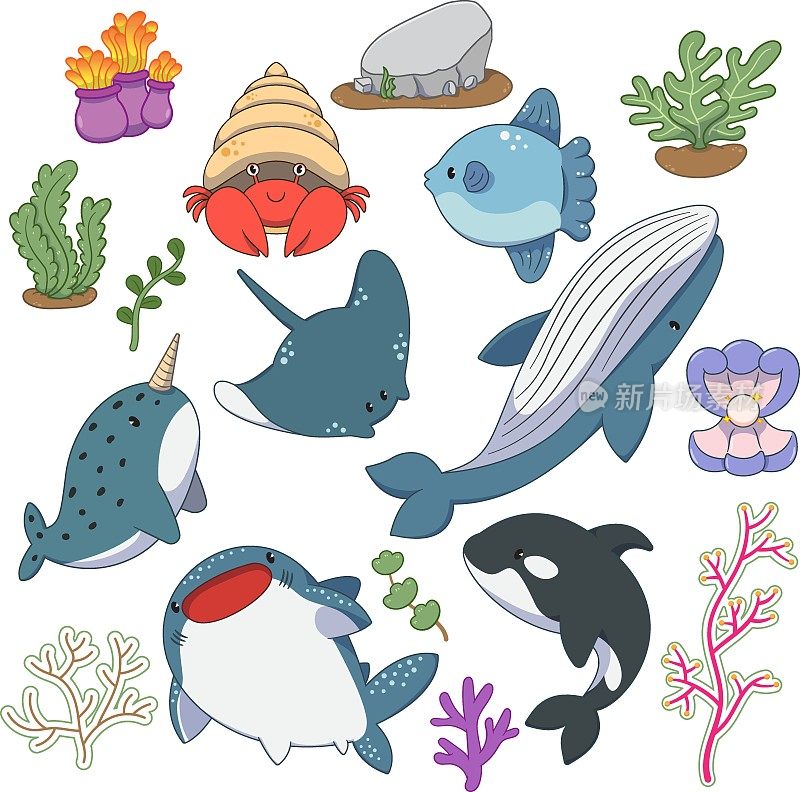 一套可爱的海洋生物元素，有趣的海洋动物，海洋生物矢量插图。
