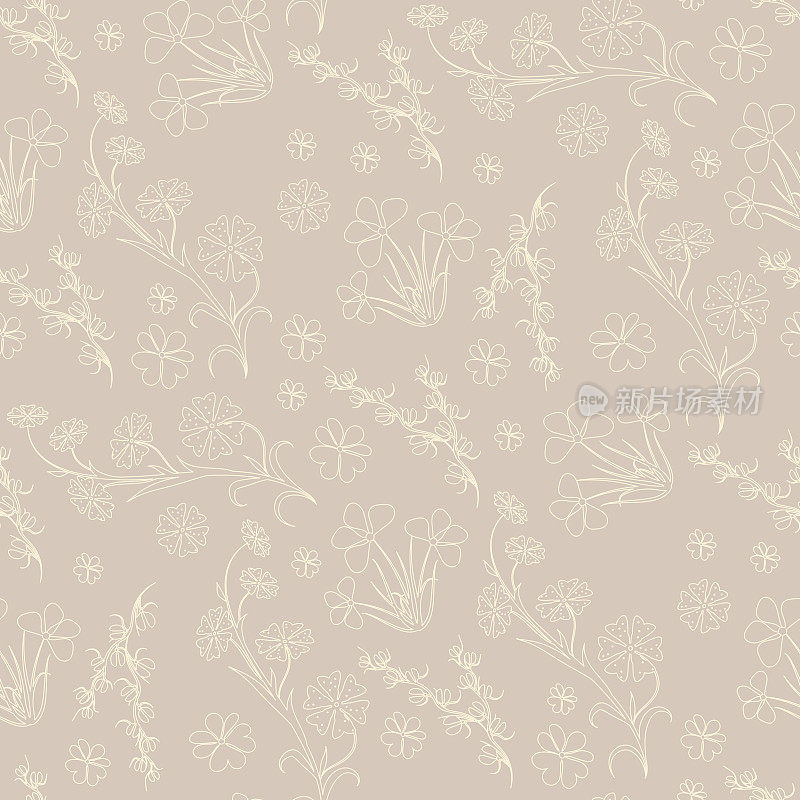 矢量无缝花卉图案，在一个浅米色的背景小不同的花徒手绘制轮廓织物设计，壁纸，家纺，包装纸。单色模式
