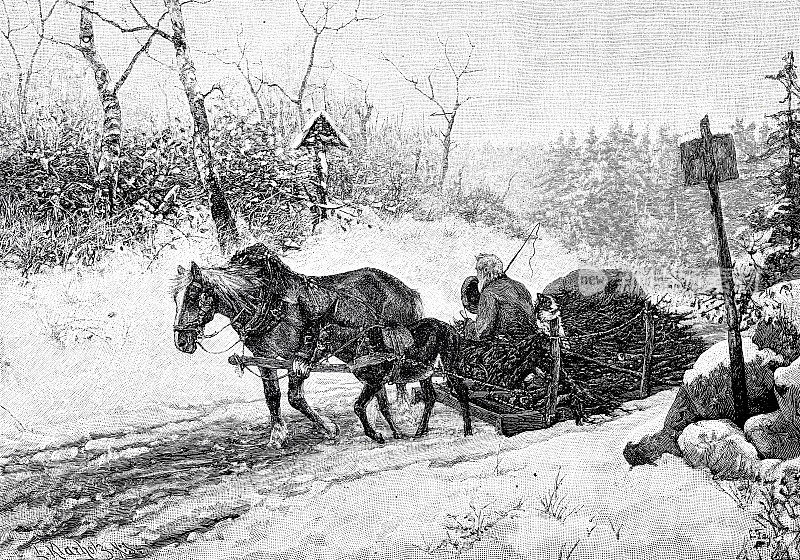 冬天,一个农民带着马和雪橇带着木头回来,看着森林边缘的耶稣十字架