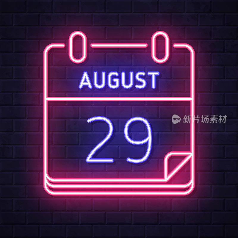 8月29日。在砖墙背景上发光的霓虹灯图标