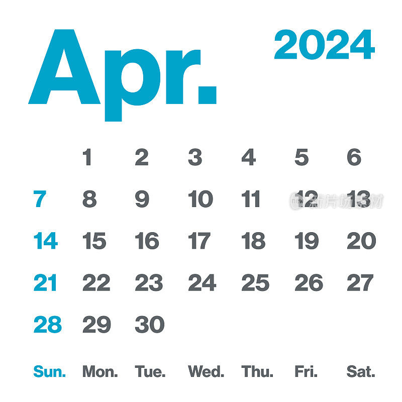 2024年4月-月历。极简风格的方形日历。向量模板。一周从周日开始
