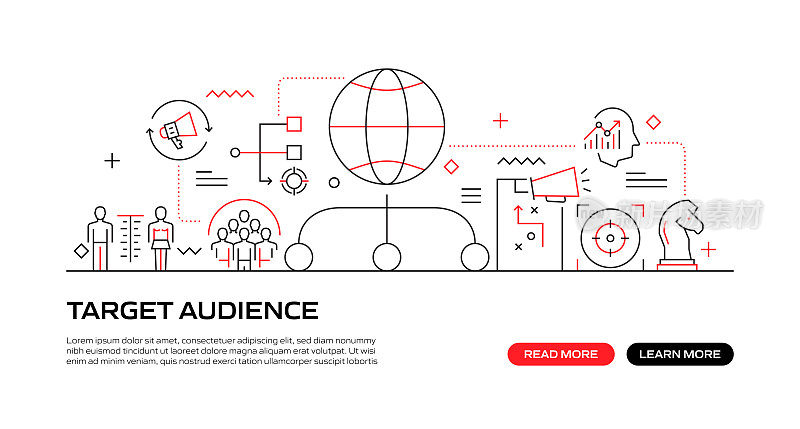 目标受众网络横幅与线性图标，新潮的线性风格向量