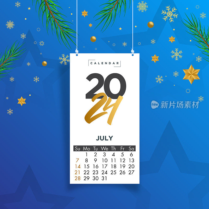 2024年7月。每月的日历。插图矢量日历周开始在彩色和白色主题股票插图周日