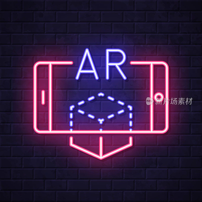 AR智能手机增强现实。在砖墙背景上发光的霓虹灯图标