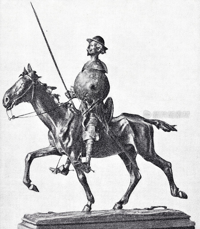堂吉诃德的雕像，骑在马上，侧面