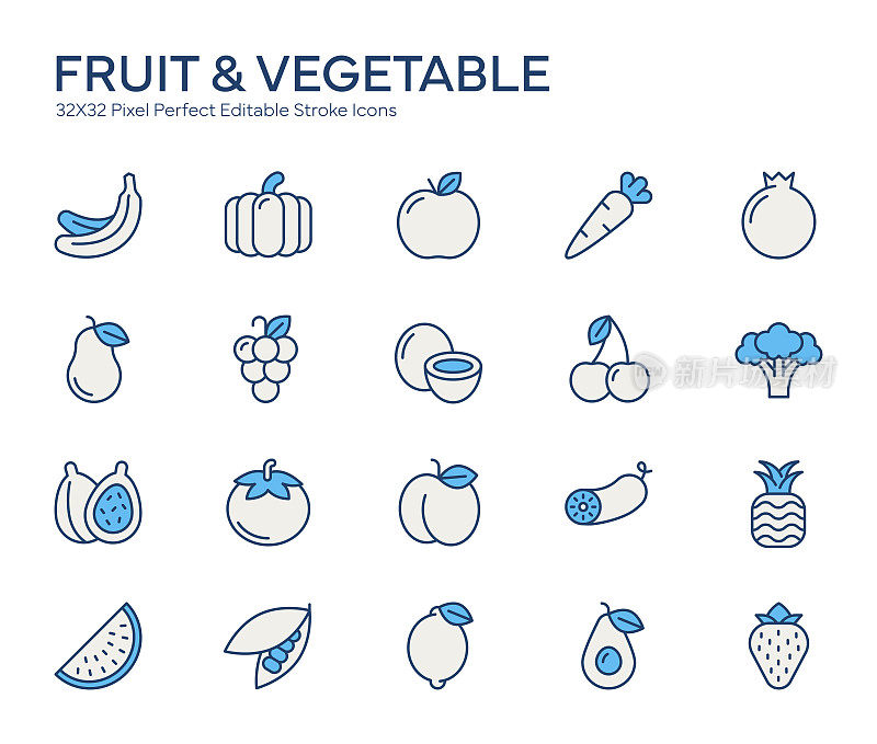水果和蔬菜彩色线条图标