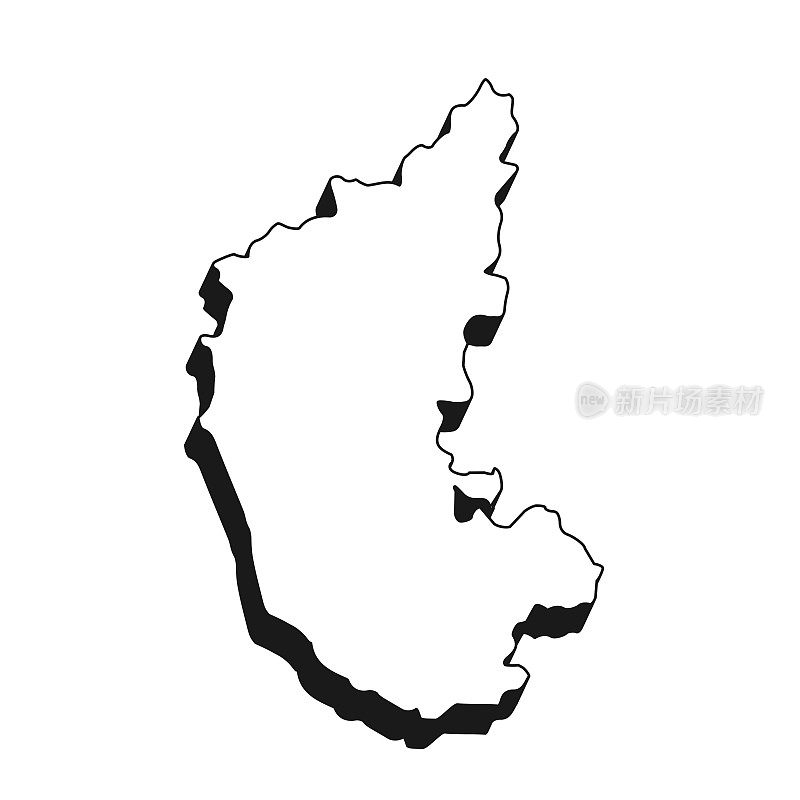 卡纳塔克邦地图黑色轮廓和阴影在白色背景