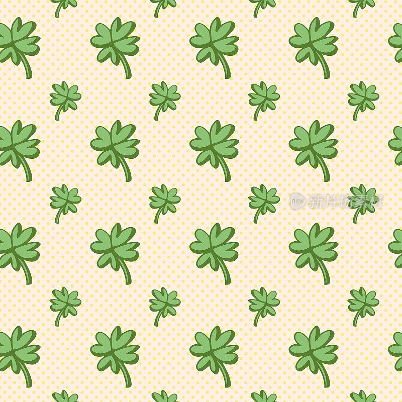 圣帕特里克节涂鸦无缝背景,手绘三叶草叶子,可循环的图案,幸运四叶三叶草,幸运的背景