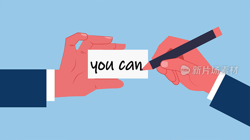 激励和鼓励他人,给他们克服困难和怯懦的勇气和自信,一只手拿着铅笔,另一只手拿着卡片写你能写的信