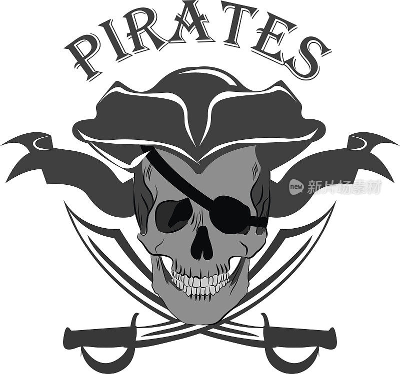 海盗骷髅和交叉军刀的徽章，标志。