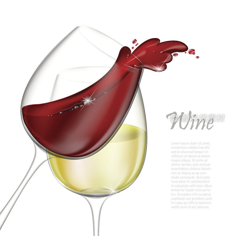 3d现实矢量插图。透明隔离葡萄酒杯与红和白葡萄酒。红酒从玻璃杯中倾泻而出