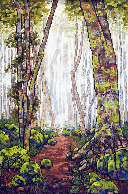 朦胧雨林油画
