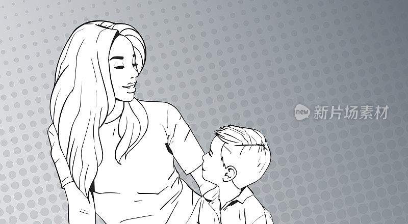 素描女人拥抱孩子，母亲与儿子在波普艺术复古针的背景