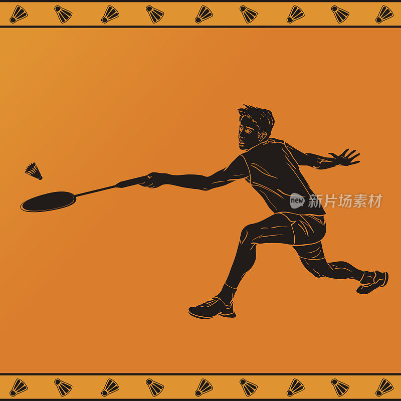 古代风格的职业羽毛球运动员的详细剪影
