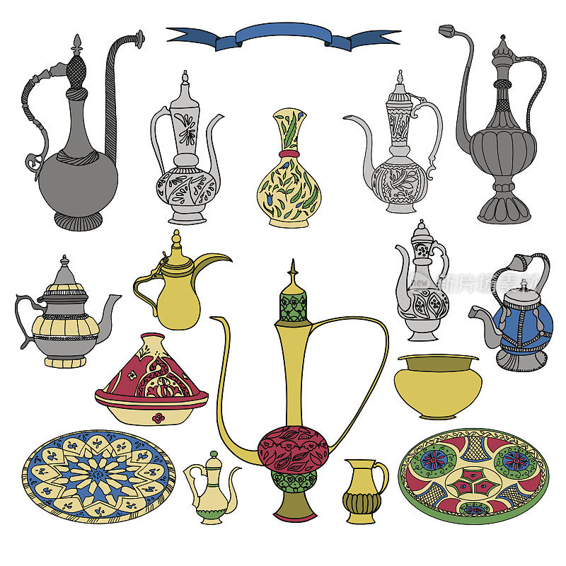 彩色矢量阿拉伯装饰陶器与茶壶，水罐，水壶。