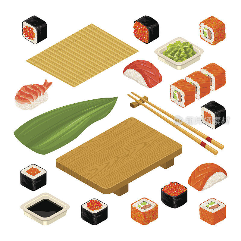寿司手握寿司和寿司卷。配竹席、筷子、山葵、酱油、木盘