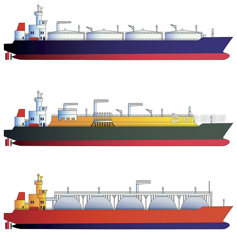 油船、天然气船、液化天然气船。矢量图