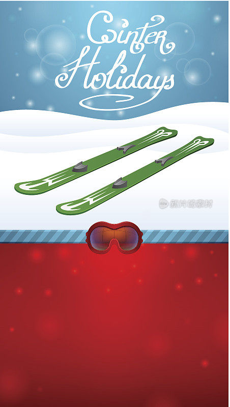 冬季假期绿色滑雪和红色滑雪镜