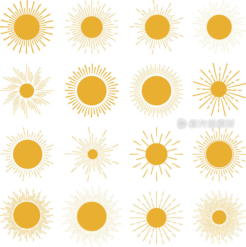 不同的太阳图标向量集。几何神圣的太阳