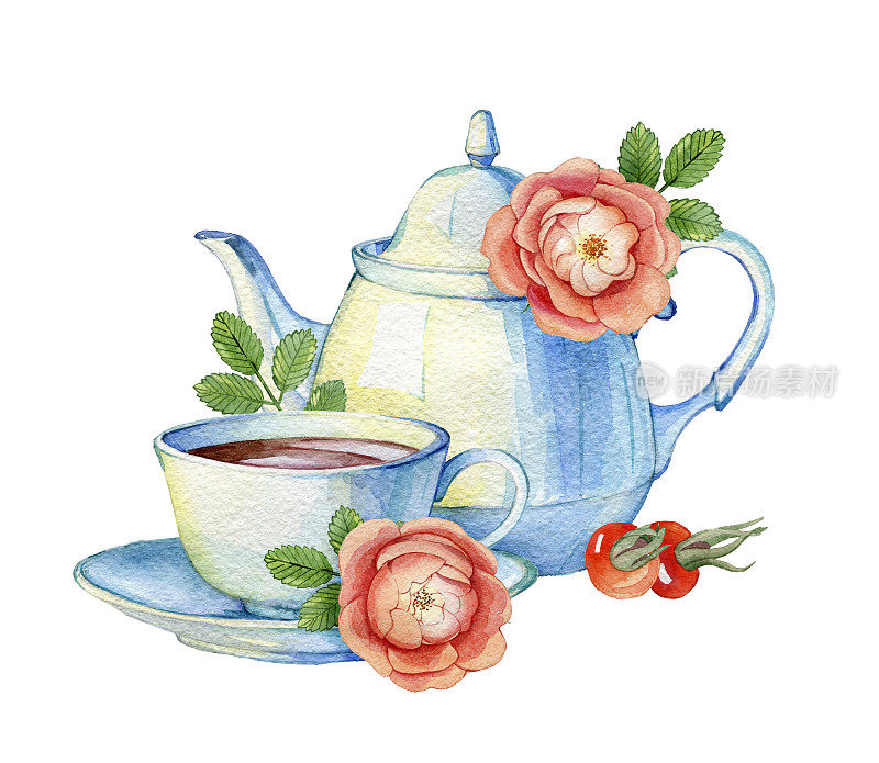 手绘水彩茶杯和茶壶在一个白色的背景。